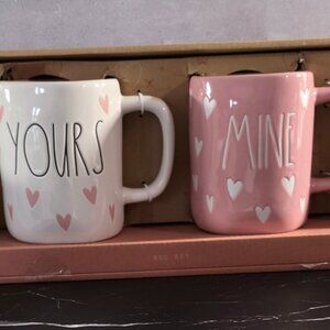 Rae Dunn "Yours and Mine"  with Hearts Valentine's Pink & White 2 Mug Set - NWT